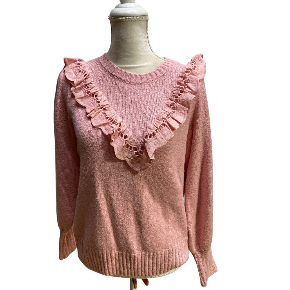 TIME AND TRU Women's M‎ Sweater Eyelet Ruffle Soft Pink Knit Top Long Sleeve